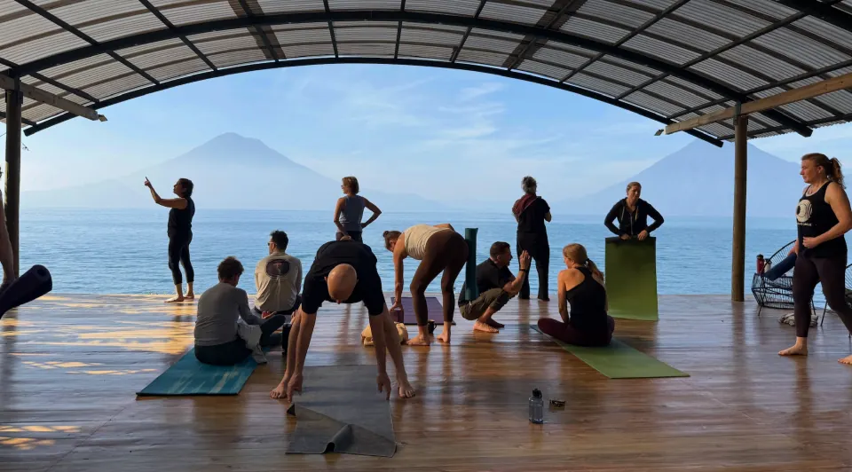 The club practicing on a covered deck over the lake in Guatemala